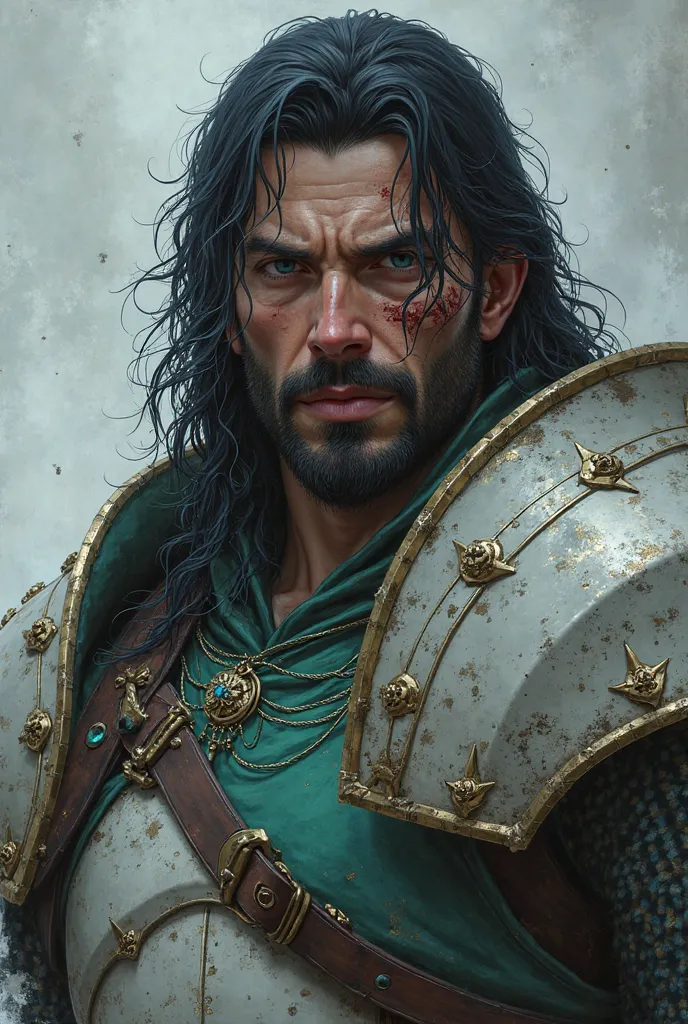 Make me an image of a muscular white-skinned man with black hair and blue eyes with scars on his face on both cheeks
with the RPG-style fantasy theme
Your hair goes up to your neck
He has a black beard only a mustache
He has a bracelet on his left arm in b...