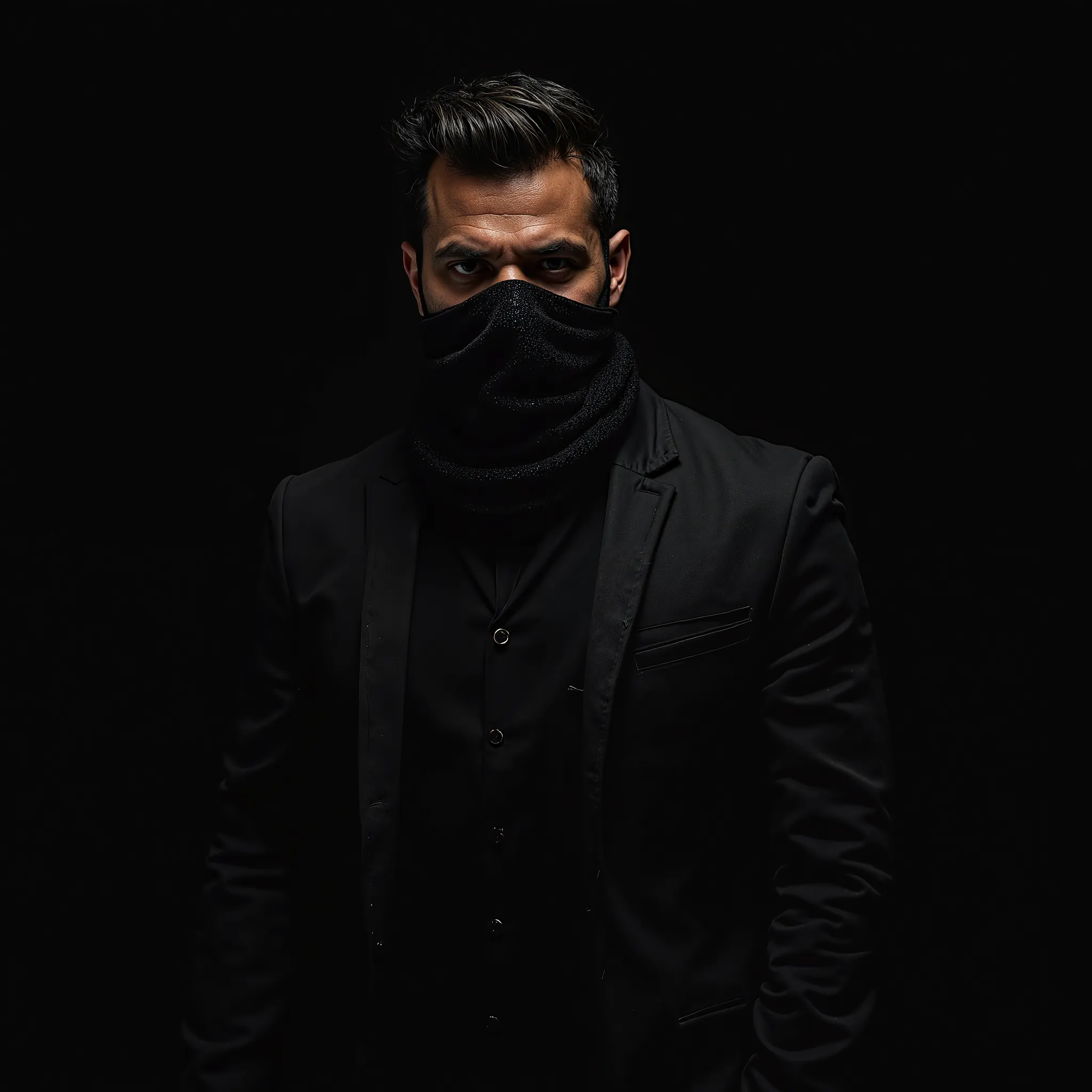 "Create an image of an intimidating man standing against a pitch-black background. He is covering his face with a dark, textured scarf, leaving only his piercing eyes visible. The man has a strong, muscular build and wears a fitted black jacket. The lighti...