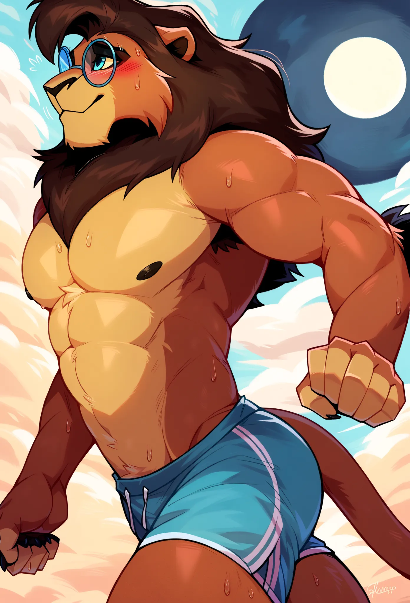 score_9, score_8_up, score_7_up,
((best quality)), absurdres,
Best Quality, high quality, Ultra high resolution,fine eyes, Exquisite Face ,Cornelius turned into leomon! , male anthro Male, furry, Lion anthro, solo, Medium muscular lion, brown, light brown ...