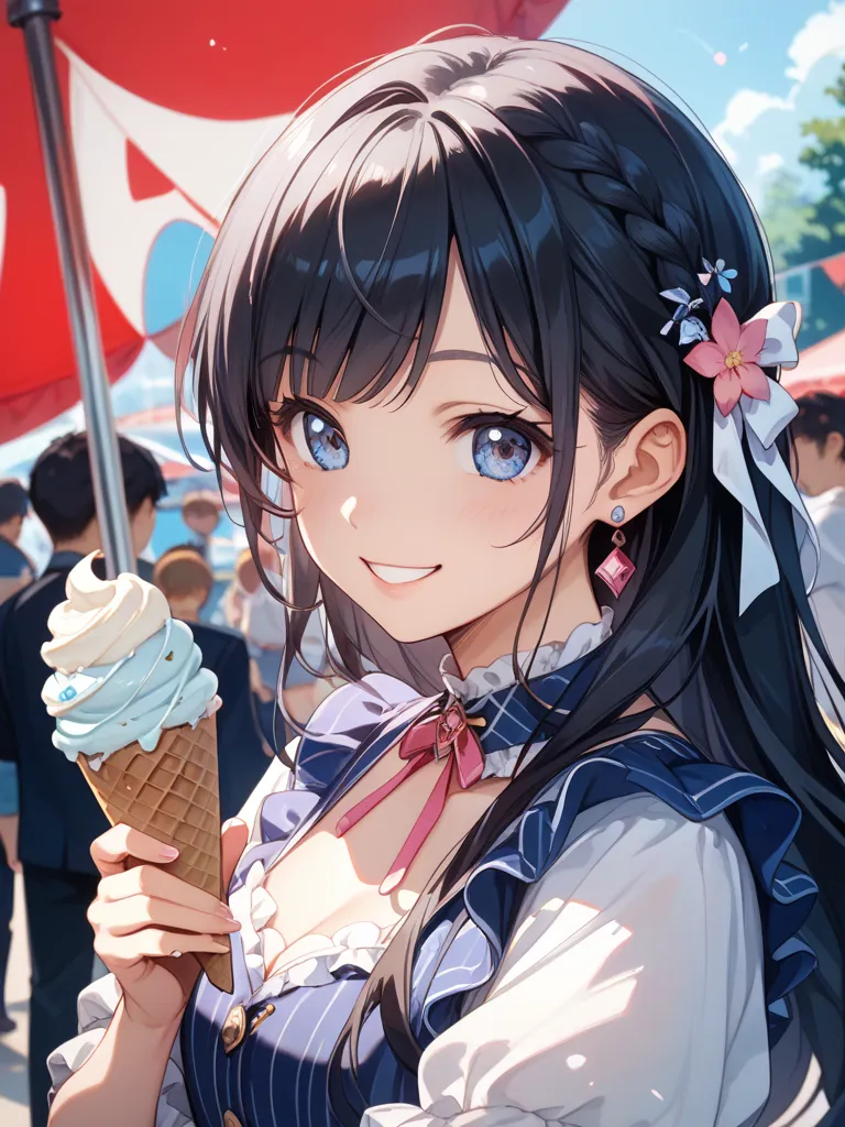 girl、１０age、One person、long hair、 black hair、Girl holding ice cream with a smile、Japanese、idol costume、bust shot、background stage