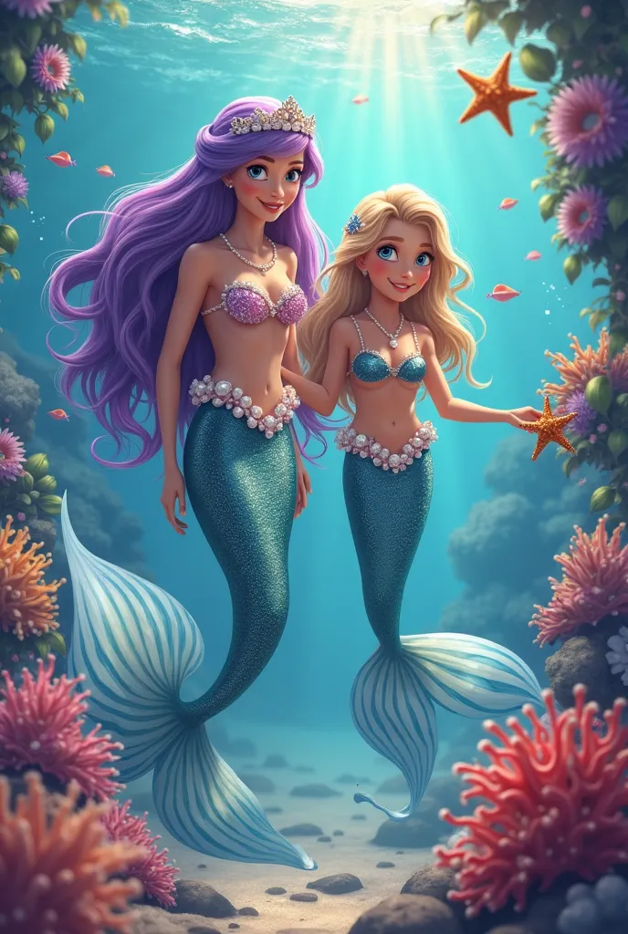 Mermaid Princess Celine

"A mermaid with long purple hair, a pink pearl tail, a pearl crown, and a warm smile, introducing the mermaid city to Sofia.""A young girl of about ten years old, with long, soft, wavy blonde hair, bright blue eyes, a metallic blue...