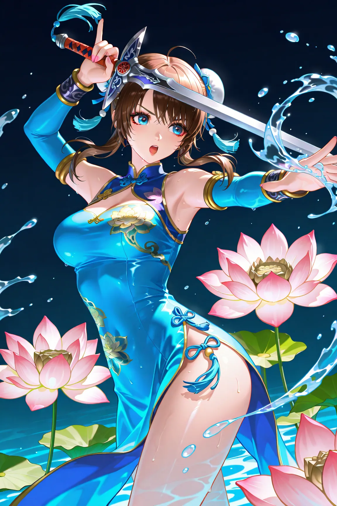 Xianghua (soul calibur) Sexy, in chinese dress, water dance,She holding sword,background:beautiful chinese lotus flower place