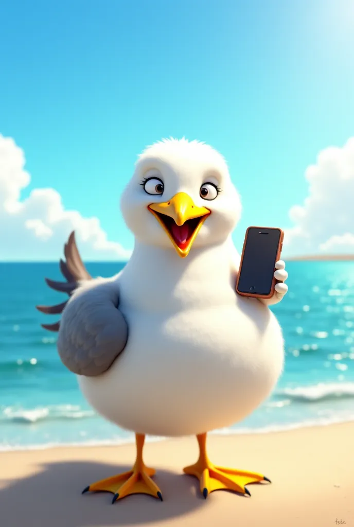 A plump seagull talking on phone 