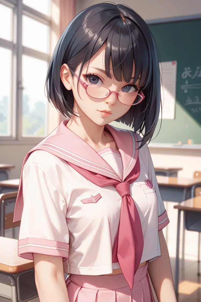  1girl , Alone, long hair, black hair, bob cut 、small breasts, black eyes, Glasses、 middle school student、schools、classroom、Pink Sailor Suit、