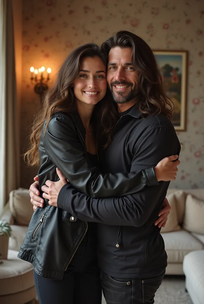 neckline A woman with long dark brown hair curled at the tips,  of a black jacket , black leather blouse with,  black pants, And boots hugged with a 40-year-old woman and 50-year-old muscular man in a living room of a luxurious house luxury mansion by day ...