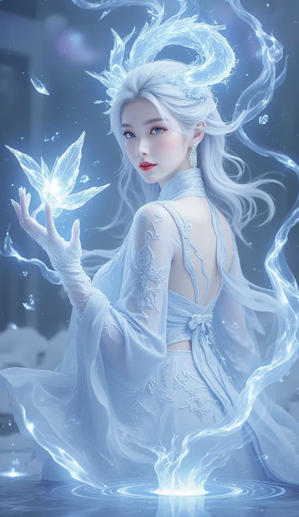 Ancient Chinese Ice Goddess 'Lotus Sovereign', ultra-realistic, cinematic, Unreal Engine 5 rendering, symmetrical porcelain-pale face, glacial crystal-blue almond eyes (glowing), soft crimson lips, faint misty smile. Flowing moonlit-white hair (floating dy...