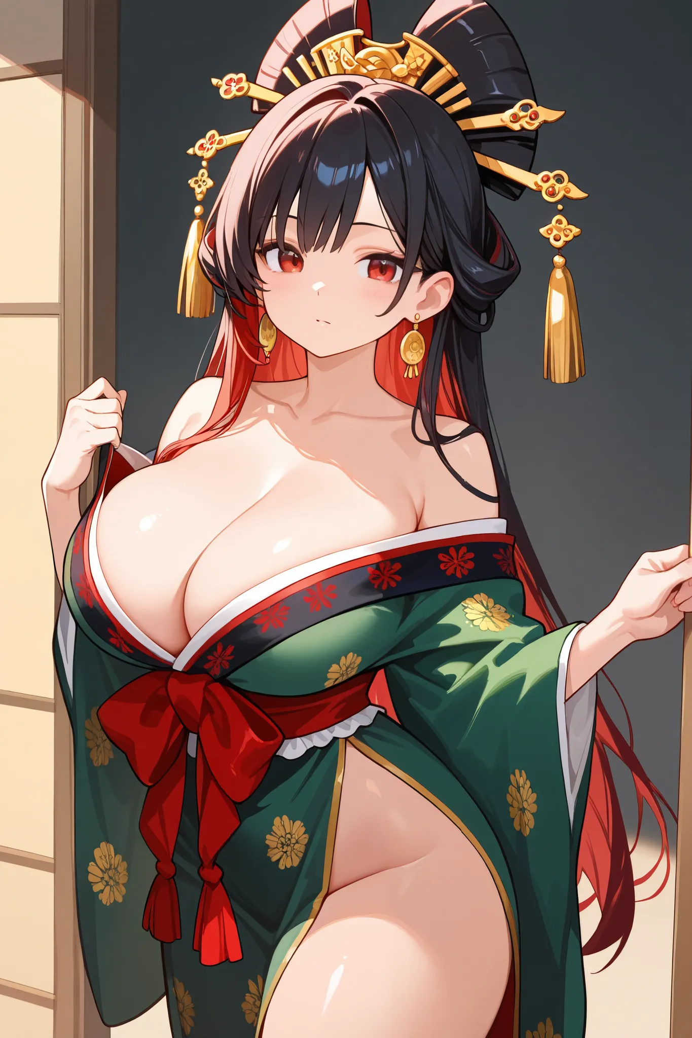 1 girl, Hair length reaches the back, Black hair with some red hair on the edges., red eyes, but not bright, curvy body, wear a sexy Oiran outfit, หน้าอกไซส์ปานกลาง, have a golden earrings