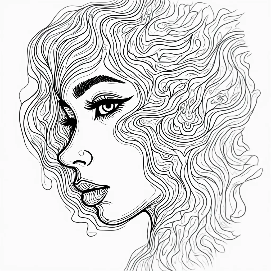 "A mesmerizing black-and-white line art illustration of a woman's face with abstract, wavy patterns flowing across her features and hair. The lines contour her facial structure with intricate, organic shapes, creating a fluid, dreamlike effect. Her eyes ar...