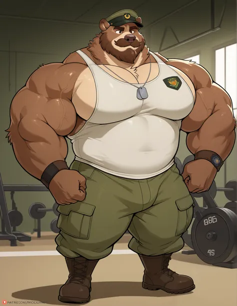 bara kodiak brown bear, strong physique, perfect anatomy, masterpiece, brown mustache and beard, wrinkles, huge brown fur, solo, great lighting, black huge muscular, green army pants, boots, tank top, dog tag, brown wristbands, military academy, gym set, t...