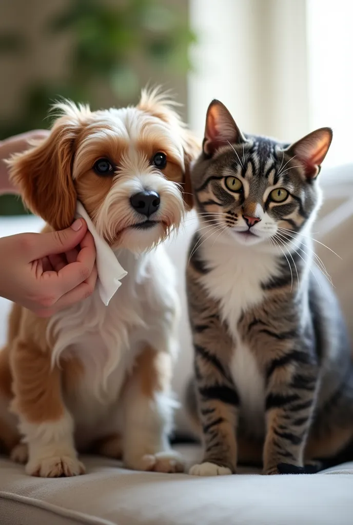 I need a realistic photo of a dog and cat being cleaned with a wet wipe