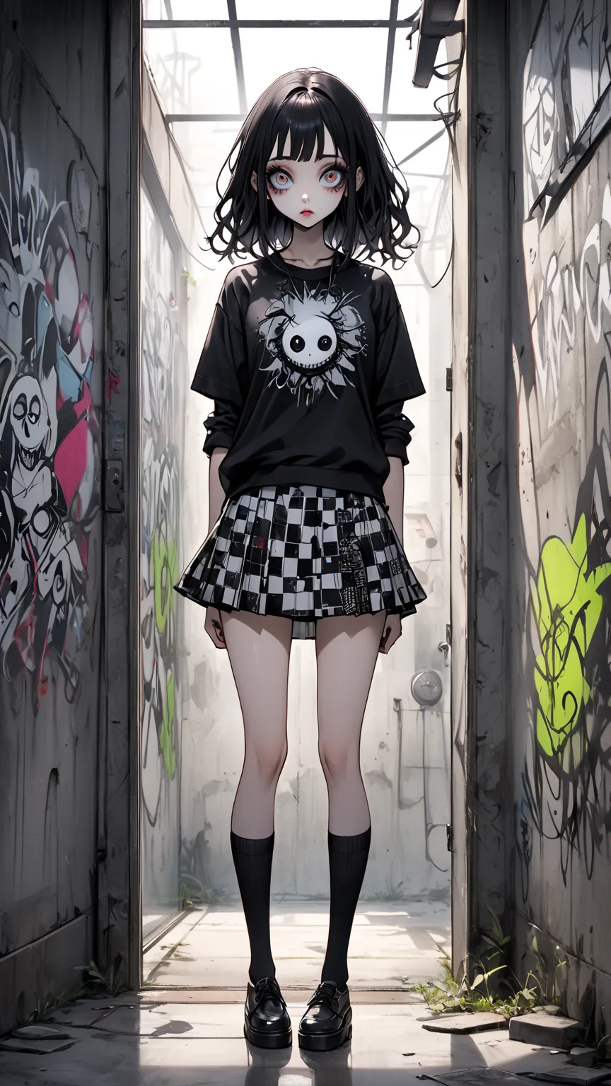 Japanese High School Girl、Perfect Proportions、Tim Burton Style、 stylish casual fashion、check mini skirt on the glass on the desk、knee-high socks、concrete wall、Tim Burton Graffiti、standing、Full Body、front、