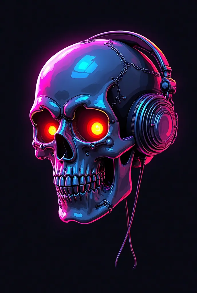 arte cartoon, Neon style skulls, with various colors such as purple, blue, red, yellow, The skull is on the side, the background of the image is black, Skull has a Cyberpunk style and is all made of metal, with glowing eyes, headphones in the ear, the focu...