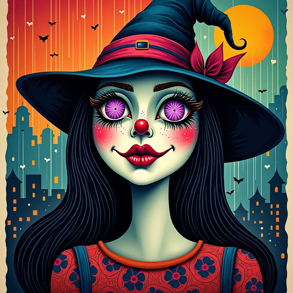 A woman's face in cubist art NFT 3D woodcut colorful witch clown evil pointy nose destroyer haunted scenery rays with rain flashy purple eyesLooking at the spectator, Long hair, Hair Ornament for Maid, 