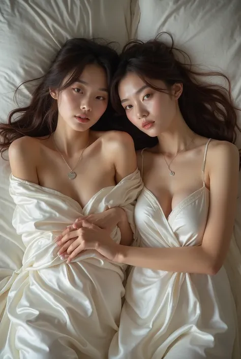   lying on your back on the bed 、Looking down from the ceiling  (Beauty orgasms), (orgasms: 1.5)  two white naked women covered in 1 big silk blanket、 lying on your back ,   they are touching each other's breasts  . They are both looking at the camera.   T...