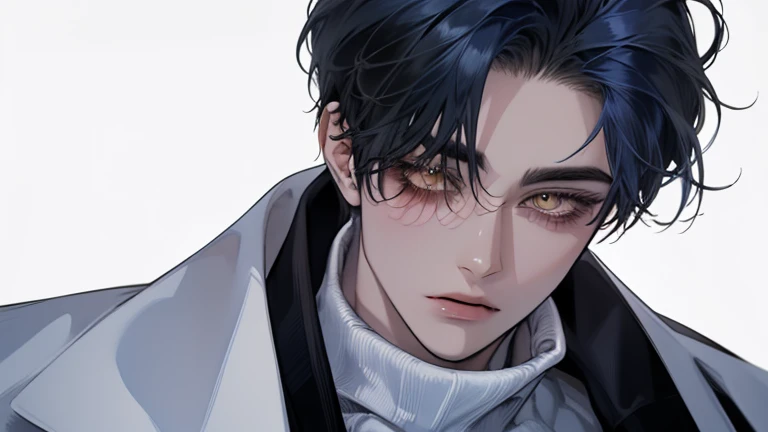 (male), ((solo)), white_skin ,(muscular), tall, ((navy blue hair)), ((Secret_two-tone_hair)), ((long_hair)), (slit_pupils), tsurime, (yellow eyes), fangs, (black_turtleneck_innerwear), (white_korean_outer robe), (expressionless), standing, white_background...