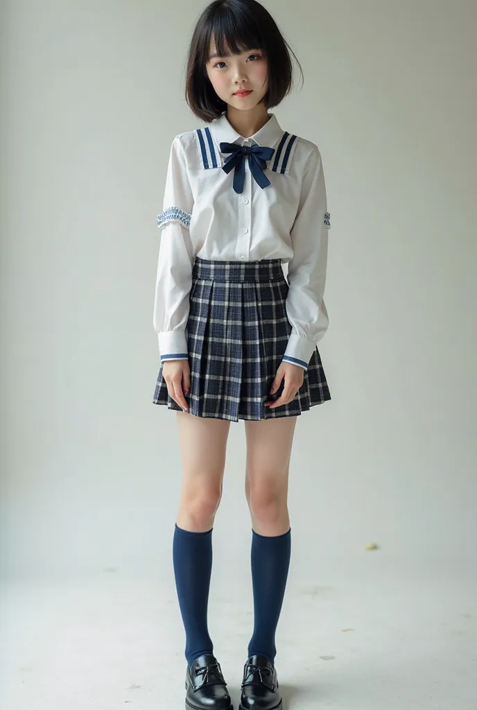 Create an amazing photo book of a beautiful fair-skinned Japanese idol girl. She is short with bangs. She's standing gracefully in her high school uniform. check pleated skirt,high socks(Navy Blue), loafers(black)stand straight,Hands are next to the body 