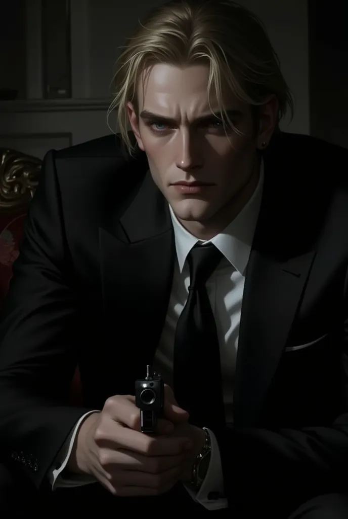 Mafia man vibes, 35 years old, blonde hair, blue sharp eyes, sitting on the sofa in a dark room, elegant black suit, high quality, mature face, sexy, flat colors, flat lines , { upper body },  thick black lines, gun in hand