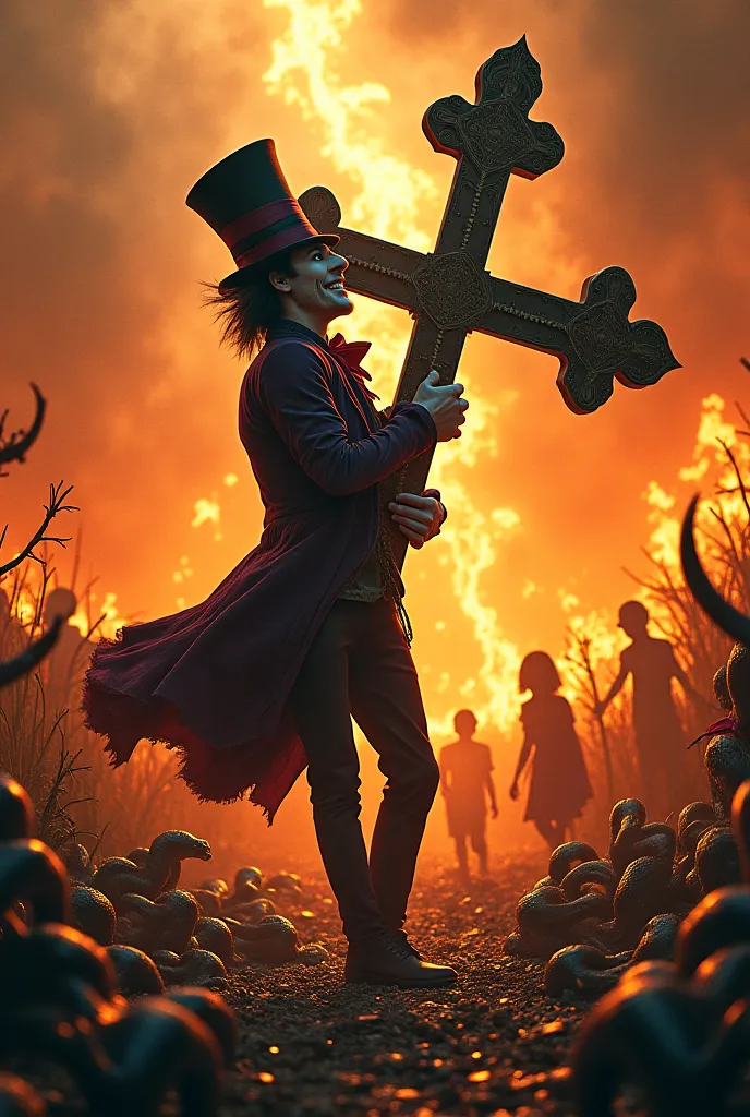 **"The Mad Hatter (backward) holding a cross walking among flames and s on the ground, Babies and ren walking, 8k"**