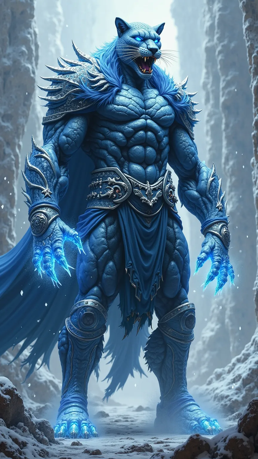 A towering hybrid warrior, blending the feral power of a jaguar with the icy might of Sub-Zero, stands in an imposing stance.
His body is armored with deep blue and silver plating, with jaguar fur emerging from the seams, crackling with frost energy.
His f...