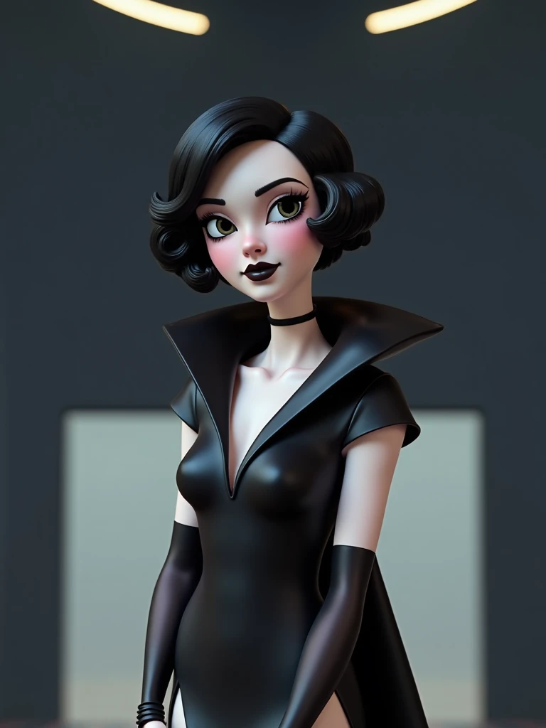 CGI Pixar Beautiful female with very short boy length dark Black hair stylized with finger waves from the  1930’s era , pale White skin, black eyeliner, black lipstick in a shiny black V shape slit dress sheer arm warmers attached with a large high standin...