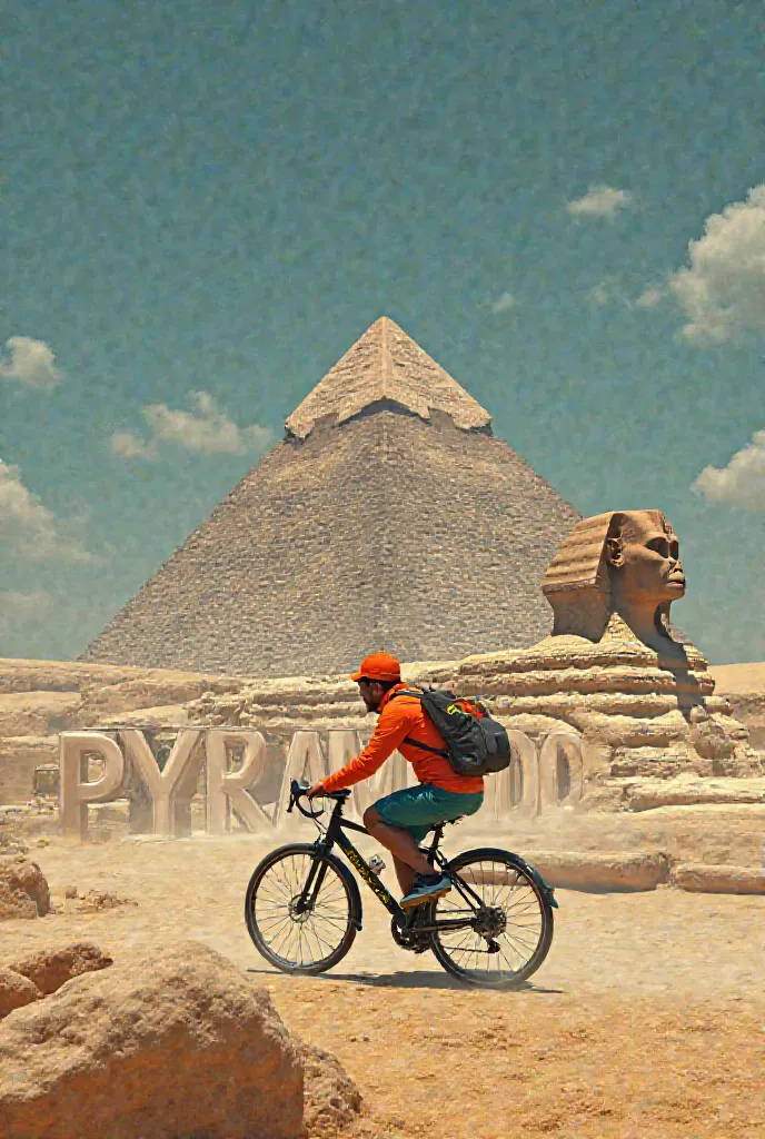 I want a picture of the pyramids and the Sphinx with Pyramids written on it with a delivery man riding a bicycle