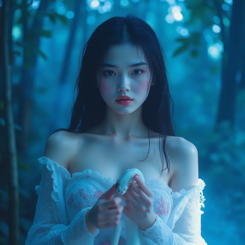 Realistic photo 4k, SELFIE 18-year-old Russian woman YOUNG,  long black hair,  blue eyes,white porcelain skin ,shiny skin, bushy eyebrows, soft lips. She has a nice white dress with embroidery and long sleeves, torso wet. She's in a forest with blue neon s...