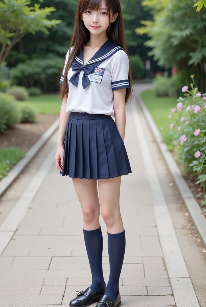 great photo of a beautiful fair-skinned Japanese girl,she is standing straight at the camera in her high school uniform. pleated skirt,high socks(Navy Blue), loafers(black)stand straight,Hands are next to the body 