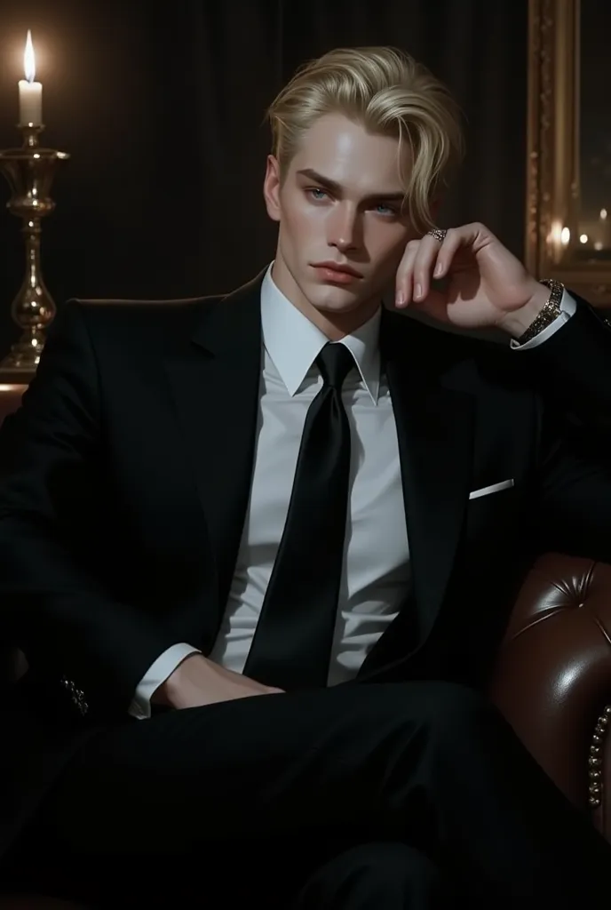 Mafia man vibes, 40 years old, short blonde hair, blue sharp eyes, sitting on the sofa in a dark room, elegant black suit, high quality, mature face, sexy, flat colors, flat lines , { upper body },  thick black lines