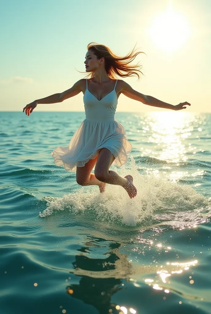 Create an image of the sea that shows a beauty jumping 