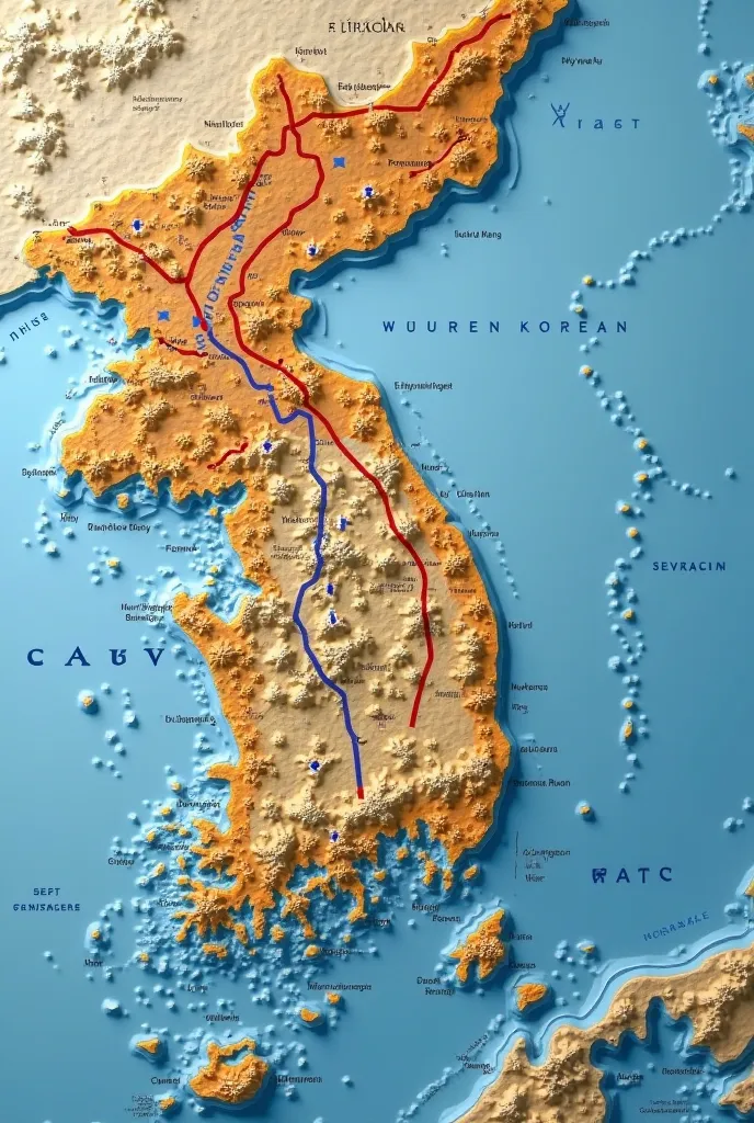 "A three-dimensional map of the Korean War (1950-1953) with detailed relief, representing mountains, valleys and rivers. The map should show the Korean Peninsula with your main cities, such as Seoul and Pyongyang, and the 38th parallel marked as a dividing...