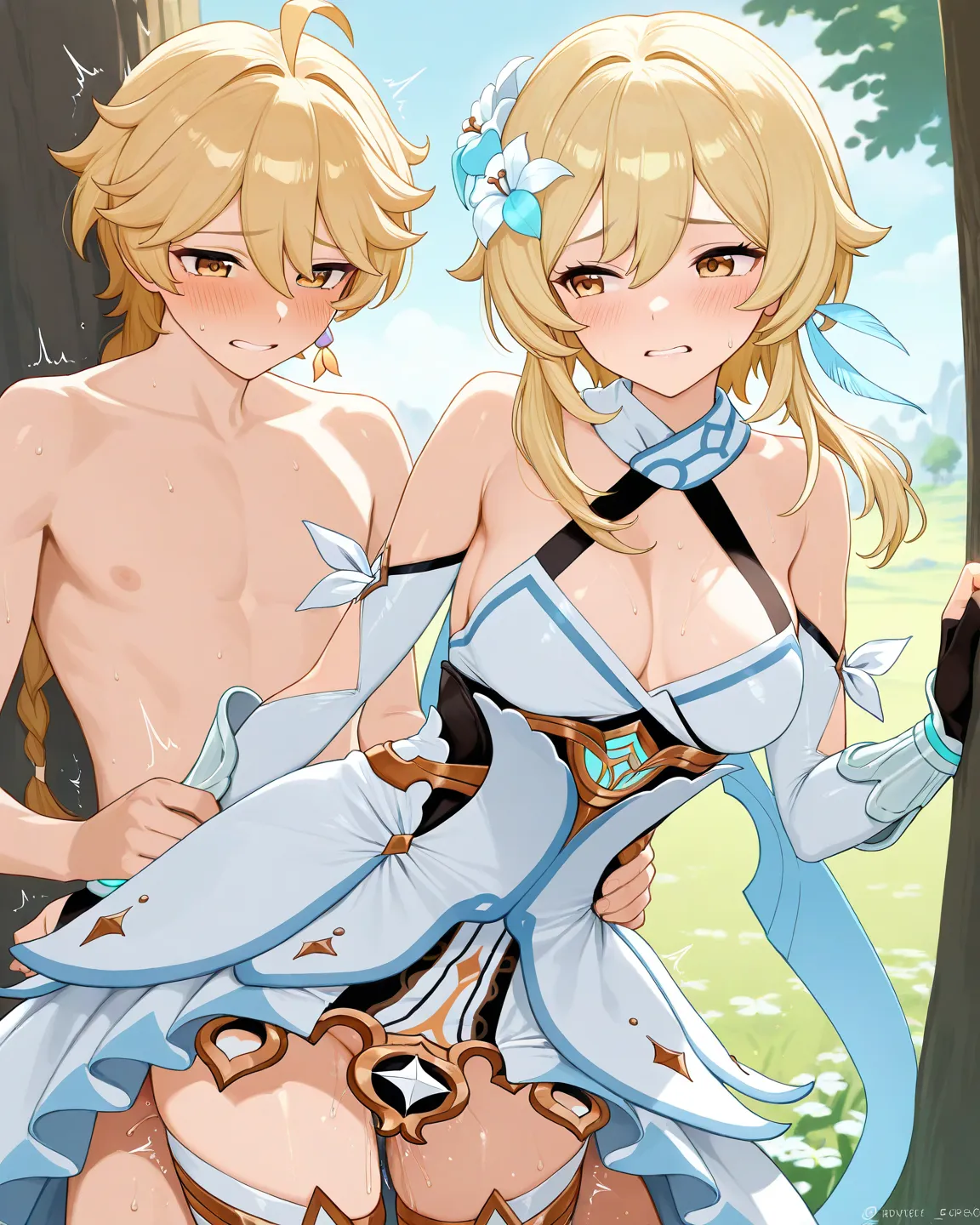 masterpiece,detailed images Aether blonde hair Genshin Impact and Lumine medium breasts leaning on a tree dressed as a princess with blonde hair golden eyes embarrassed Genshin Impact while having sex scenes in a field of white flowers