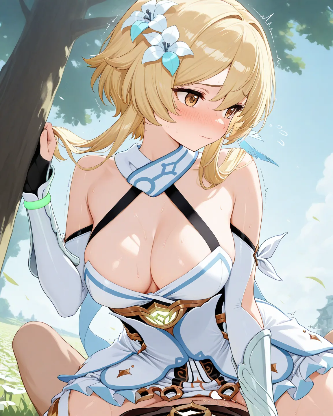 masterpiece,detailed images Aether blonde hair Genshin Impact and Lumine medium breasts leaning on a tree dressed as a princess with blonde hair golden eyes embarrassed Genshin Impact while having sex scenes in a field of white flowers