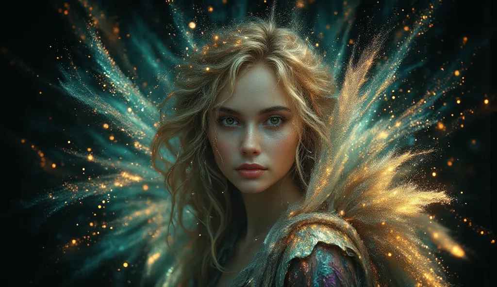 (Best quality, 8k, 4K, super detailed)

Create an angel painting on a dark background with emerald green illuminations, White flowers closer to the front ,an angel with blond hair and with light tones on her clothes ,on a totally dark background with just ...