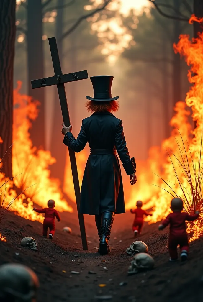 **"a full body image of backward the Mad Hatter  holding a cross walking among flames and bodies on the ground, Babies and ren walking, bones, high quality, 8k quality, vibrant colors, high contrast"**