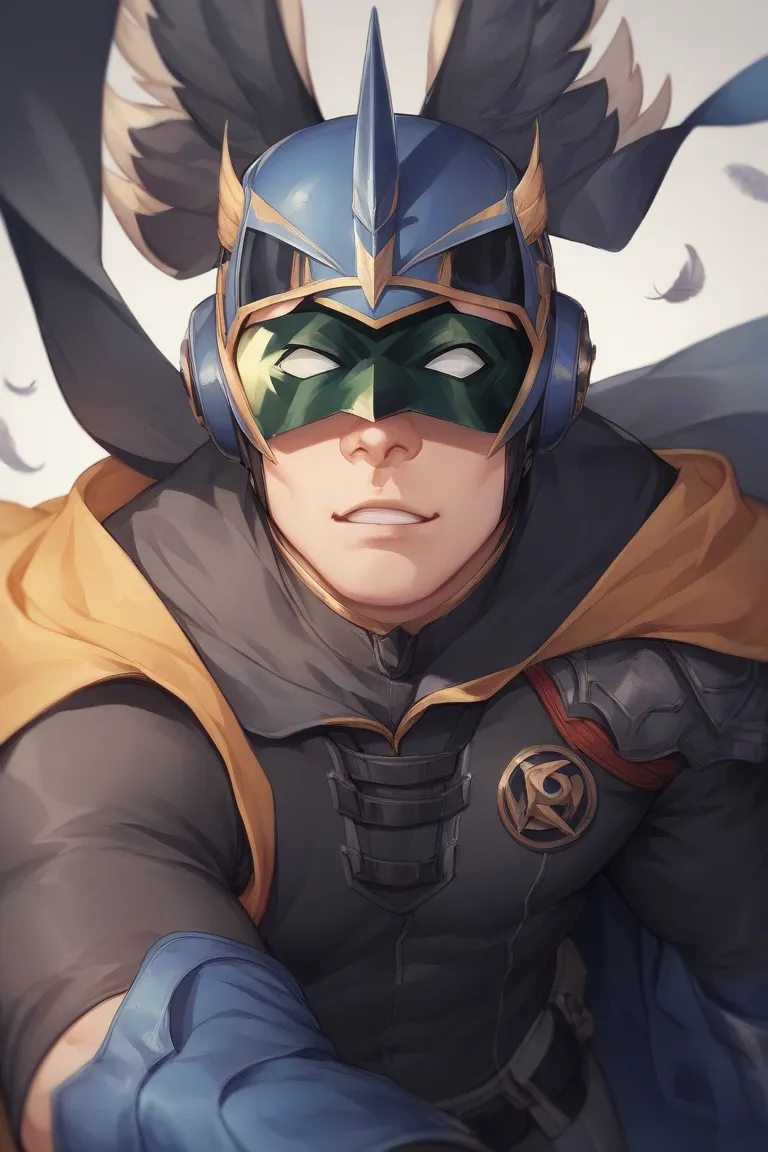 A vigilante called Falconico, He wears a blue and black suit his cape is made of feather , Falcon-beaked helmet visor on the mask, anoite, beco 