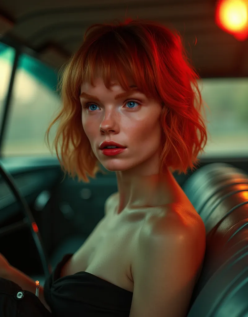 a 22-year-old girl, blue eyes in a cinematic setting in the aesthetics of Ultraviolence, she wears a vintage white dress, messy, she has a melancholic and lost expression in her gaze, intense gaze, she is leaning against a classic car from the 60s, holding...