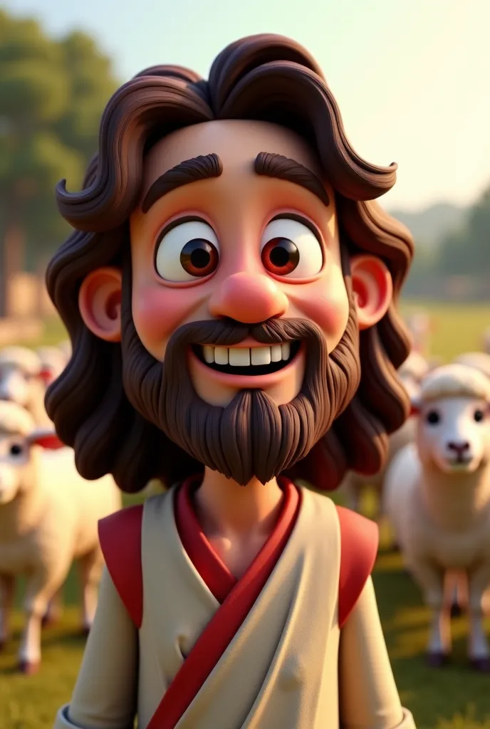 Jesus Christ, Shepherd of several sheep,  funny and cute mascot style ,  happy, pretty face and beard,  It's not realistic at all , Design 3D, disney pixar, Beautiful curly hair, mixed skin,  long hair up to the neck and brown color ,  light dressed with r...