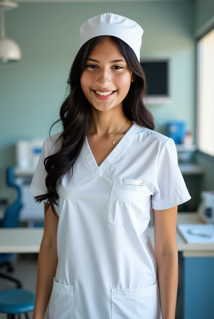 A nurse dressed in white with black hair,realistic full body selfie, Amateur photo inside the office,  without blurring the background , Body of a 30-year-old woman 