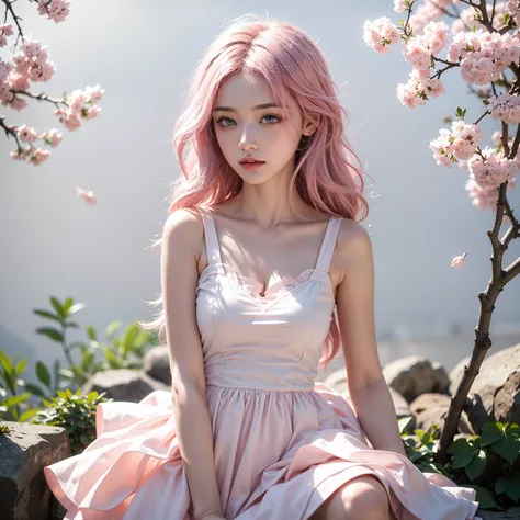 Light pink hair, pink eyes, pink and white, sakura leafs, vivid colors, white dress, paint splash, simple background, ray tracing, wavy hair