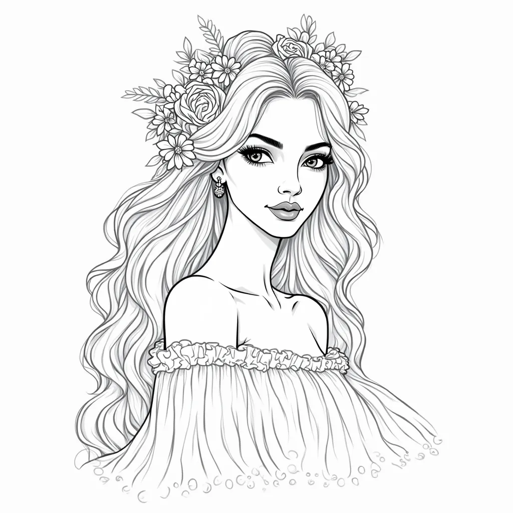 "A stunning black-and-white line art illustration of a beautiful young woman with an elegant, confident gaze. She has large, expressive eyes, arched eyebrows, and soft yet defined facial features. Her voluminous, wavy hair cascades down her back, adorned w...