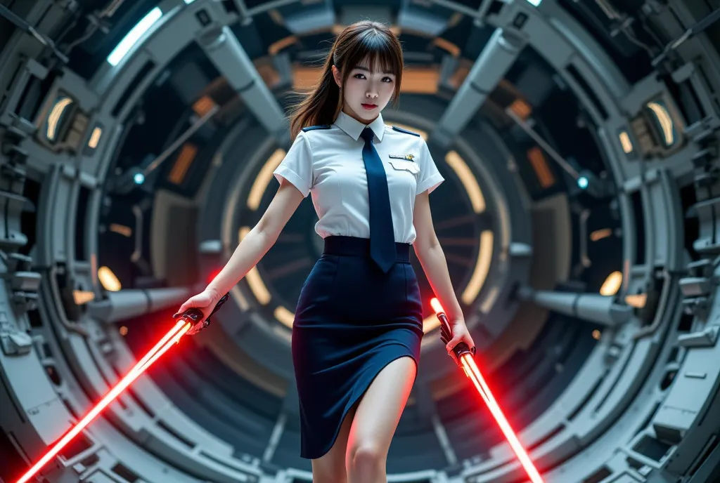 Sexy beautiful Japanese woman, a self defense officer uniform, wearing a white short-sleeved shirts, navy blue tie, navy blue pencil skirt, Black patent high heels, beautiful hip-line, Beautiful thighs, A woman fighting on the exterior of a massive futuris...