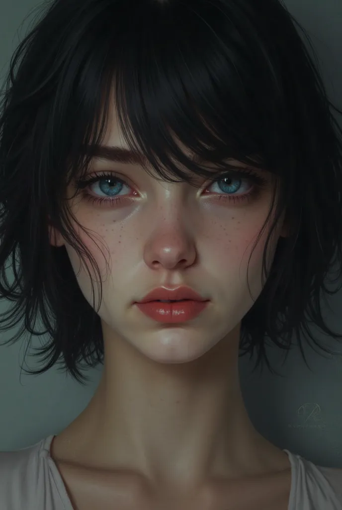 Girl with short black hair and blue eyes 