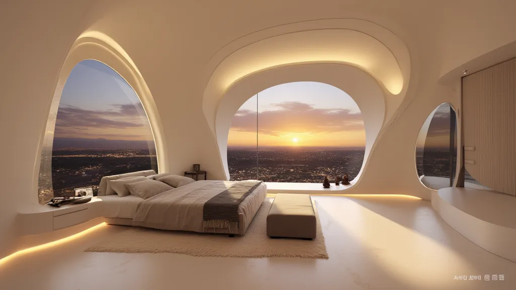 "Hyperrealistic artistic photograph of the master bedroom in a modern house on the outskirts of London, designed by Fran Silvestre with influences from Zaha Hadid’s organic architecture. The bedroom features a seamless minimalist aesthetic with sculptural,...