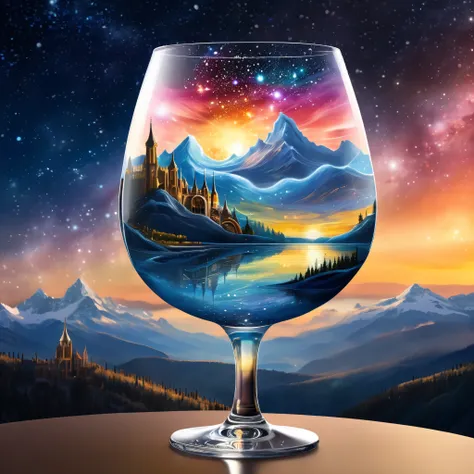 create a celestial scene in a wine glass, It depicts a surreal landscape、Mountain々and auroral skies. in the background 、includes sparkling sunsets and cityscapes. style is fantasy and represents、should include ethereal elements.