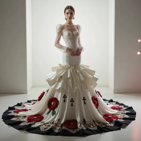  A very tall white silk mermaid style full-length gown with a fitted bodice and a super oversized extra long flared skirt that has giant raised up ruffles at the bottom. This ridiculously tall and oversized gown requires super high platform shoes that will...