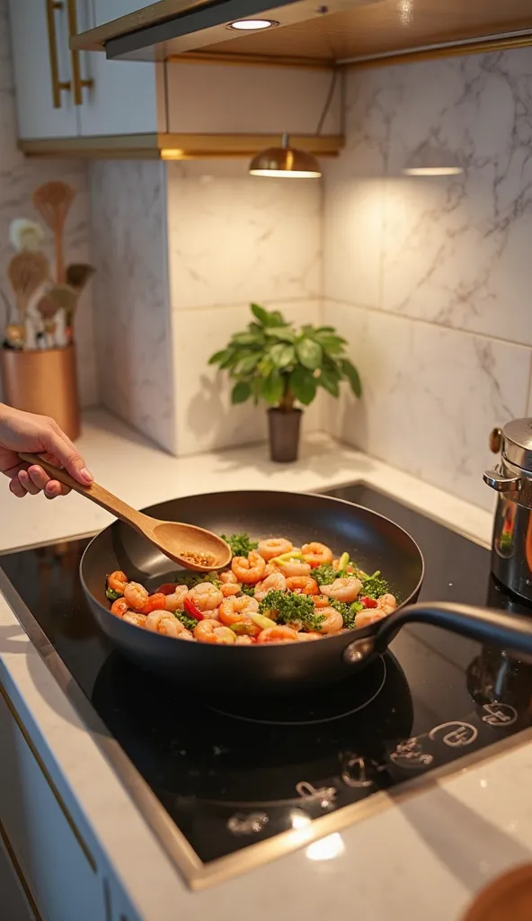 The kitchen is modern and minimalist, with gold details and white finishes.  it's nighttime, and the soft lighting highlights the golden details and the elegance of the environment. On the stove there is a pan with shrimp and vegetables, and one hand holds...