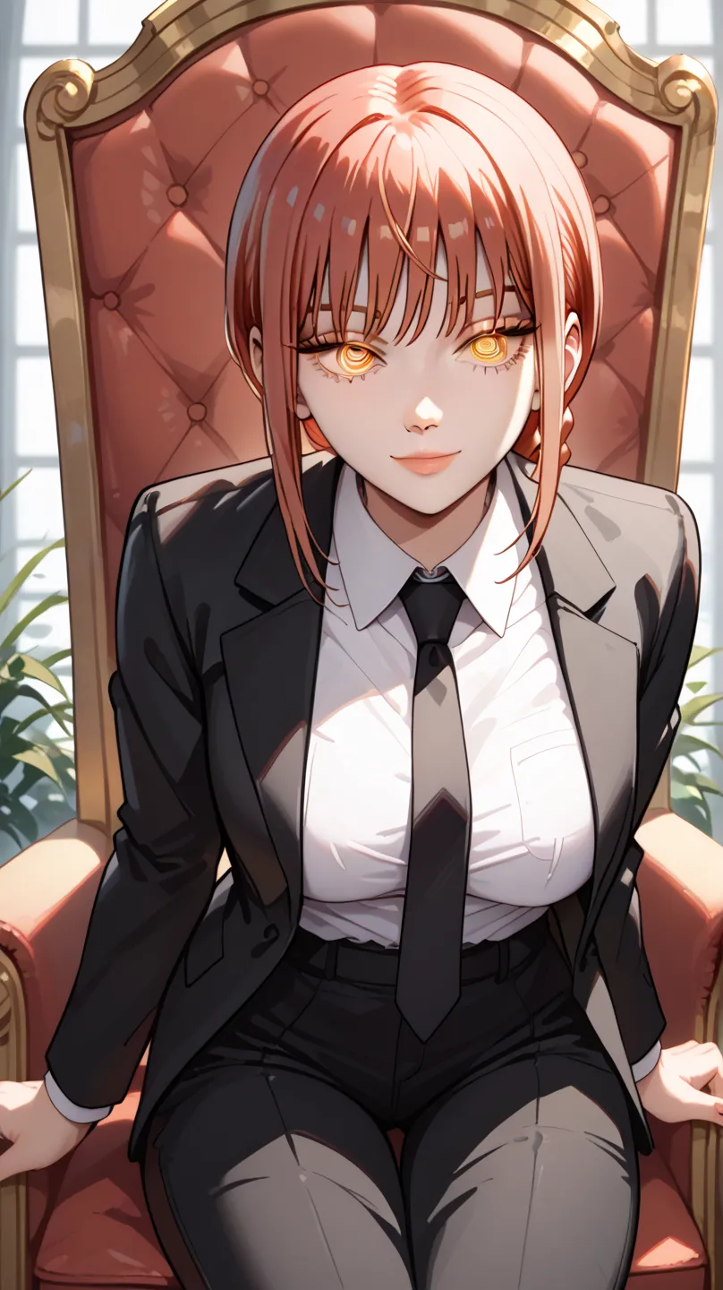 anime girl with red hair and yellow ringed eyes _ anime _Makima chainsaw man, score_8_up, score_7_up, source_anime, makima, braided ponytail, ringed eyes, formal, black jacket, white shirt, black necktie, black pants, sciamano240, soft shading, detailed, s...