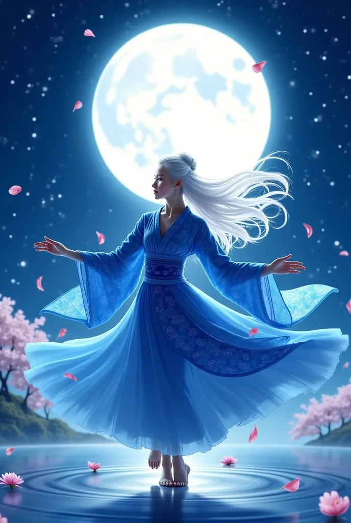 The girl with white hair and blue kimono dances under the moon