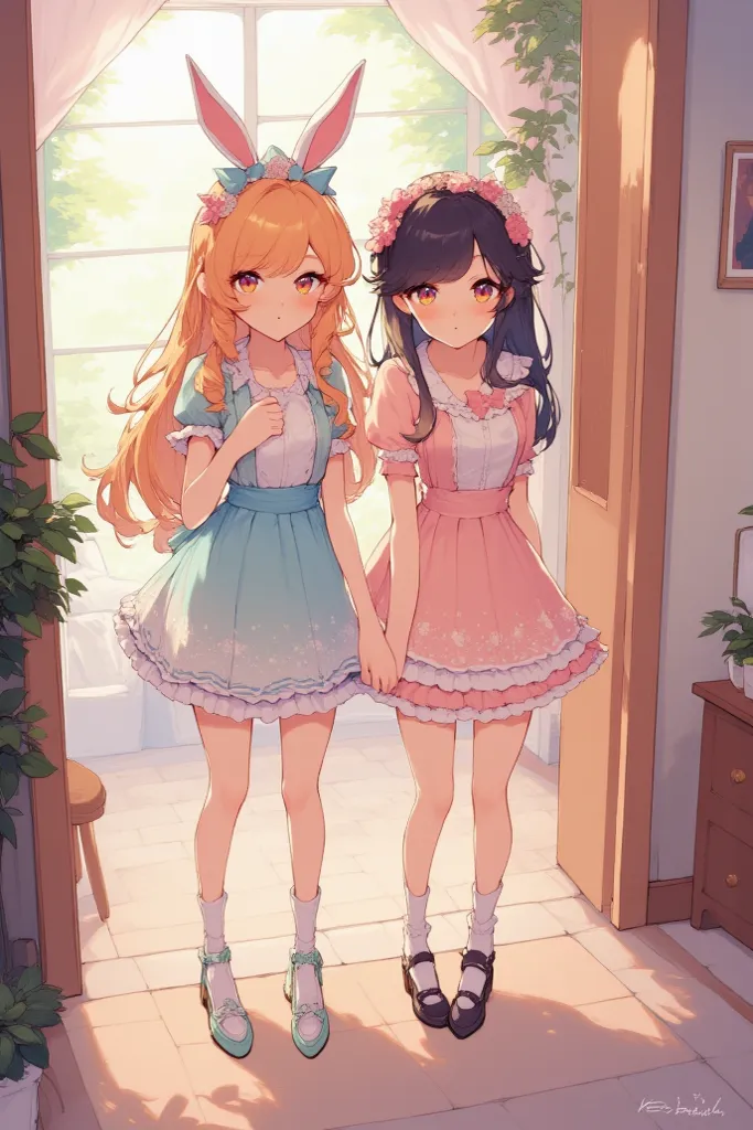 2 sisters, full portrait, anime style, getting ready for school, Easter outfit 