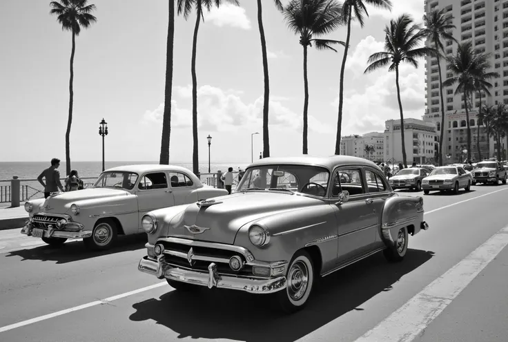 Black and White Photography　American cars of the 1950s、Go up the seaside boulevard in Havana, Cuba　 Black and White Color 